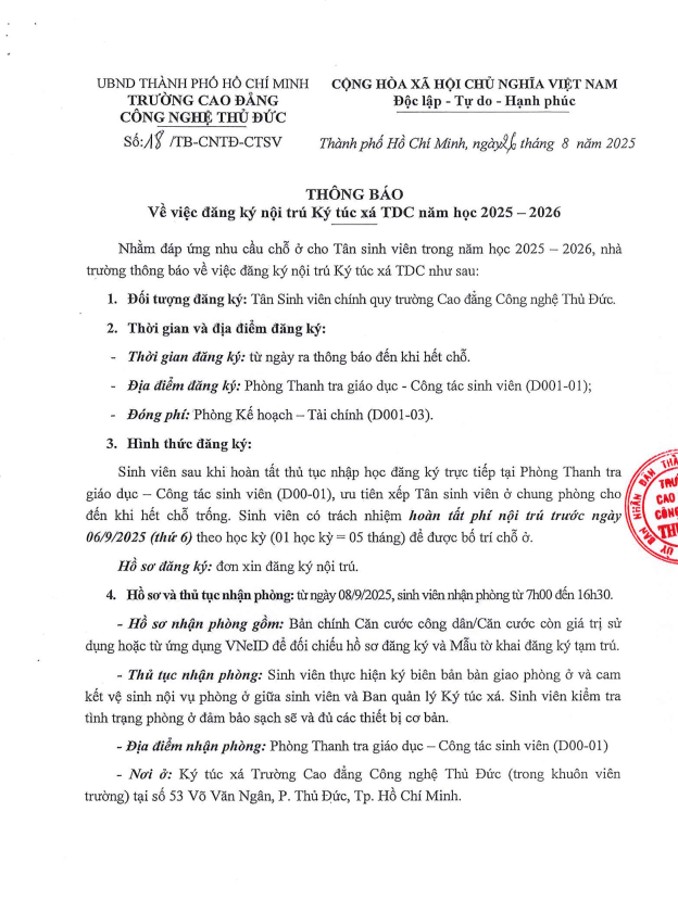 THÔNG BÁO ĐĂNG KÝ NỘI TRÚ KÝ TÚC XÁ TDC, 2025-2026